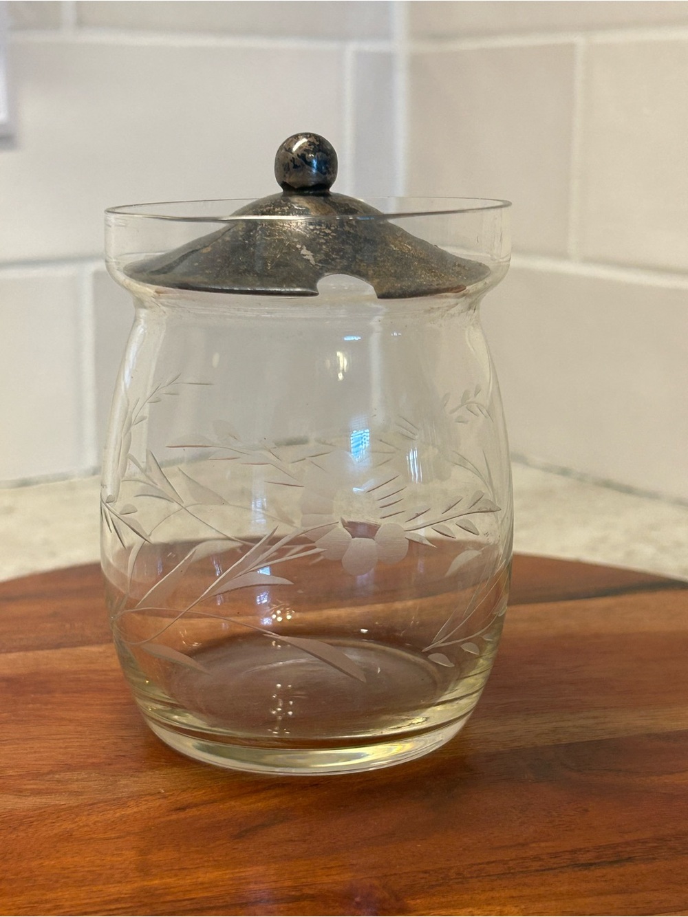 Antique 20th C Etched Glass Condiment Jelly Jar Container S